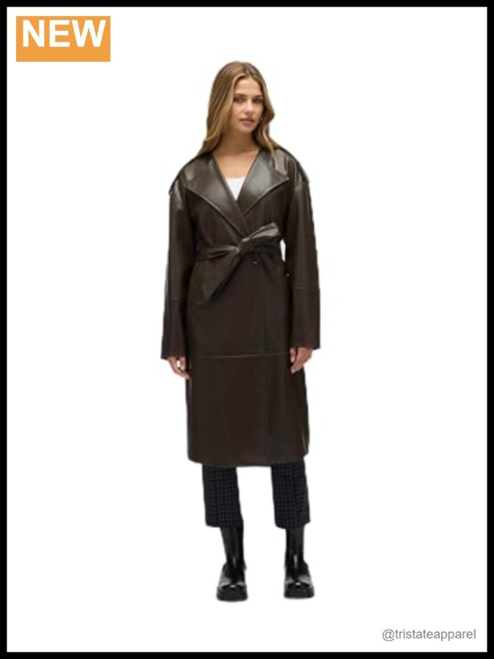 Women's Faux Leather Belted Trench Coat Single Button Closure